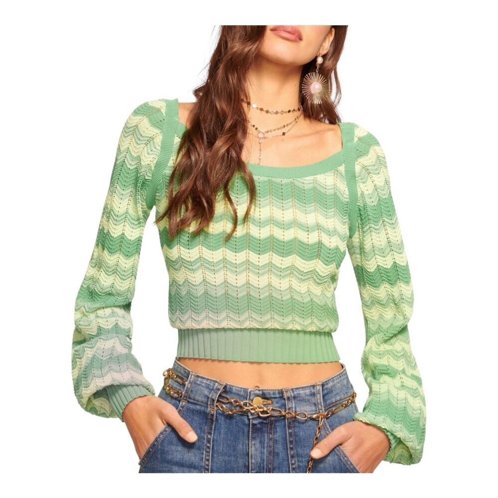 Ramy Brook Briar Cropped Sweater Size Xl Green 100% Cotton Wave Knit Square Neck
